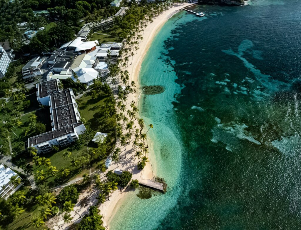 An aerial view of a beach and a resort