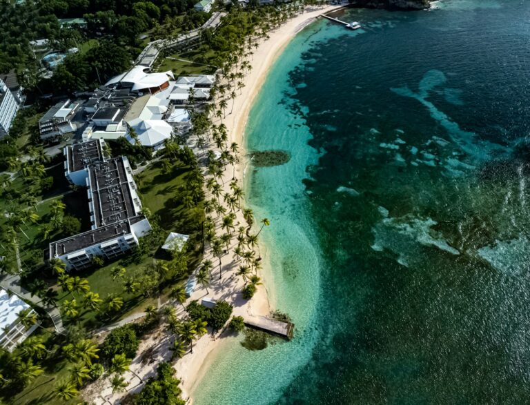 An aerial view of a beach and a resort